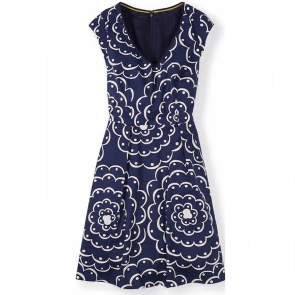 Boden Retro Floral Print Navy Blue & White Cap Sleeve Lined Dress size 4L - Picture 1 of 12